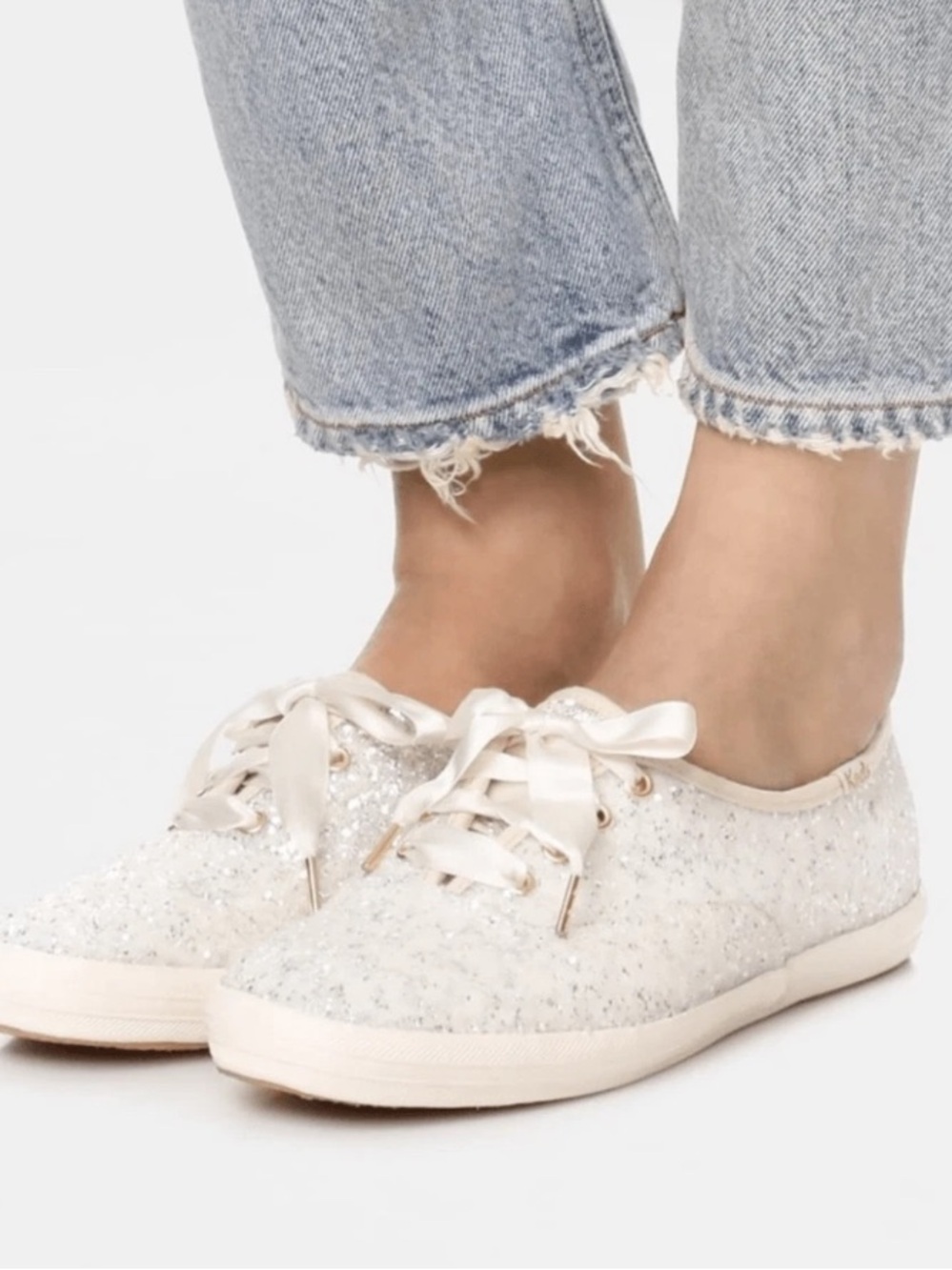 Kate Spade × Keds Women's Glitter White Satin Lace Sneakers in
Size 7.5